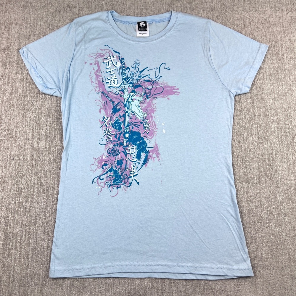 Jinx Y2K Blue‎ Anime Graphic T Shirt Top Samurai Art Print Women's Large New